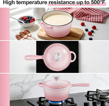 2 Quart Sauce Pan with Lid, Leonyo Small Cooking Pots, Enameled Cast Iron Cookware Set Simmer Pots for Kitchen Induction Boiling Soup, Bread, Ramen - Up to 500°F & Oven Safe, Pink