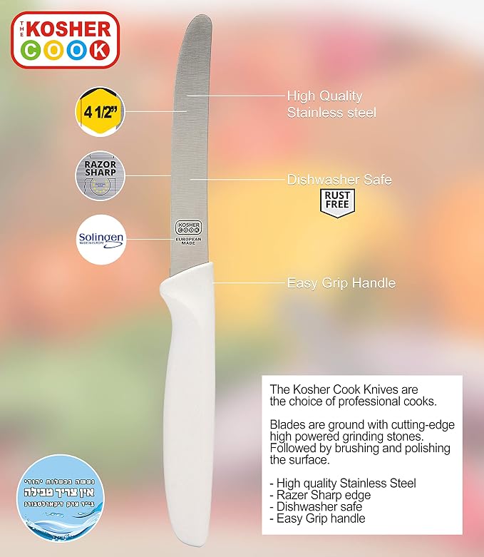 The Kosher Cook White Kitchen Knife – 4.5” Steak and Vegetable Knife - Razor Sharp Curved Tip, Straight Edge - Color Coded Kitchen Tools