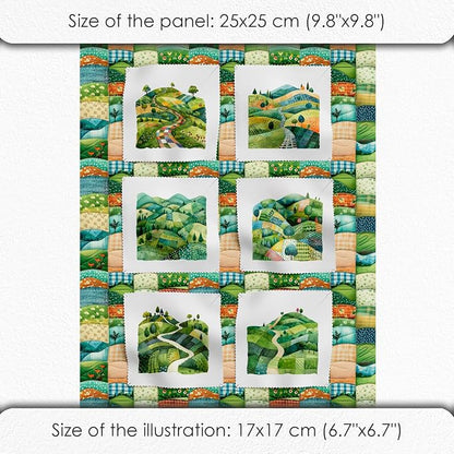 Patchwork Green Hills Cotton Fabric Panel – 6 Designs (10×10 inch Each) + Bonus Sheet 29.5×19.6 inch, 100% Cotton 140 GSM, Made in Türkiye