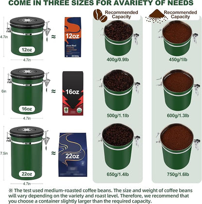 ShanSon Coffee Canister Airtight, Stainless Steel Bean Storage Container with Date Tracker & Scoop, Grounds Sugar Flour Tea Cereal Fits Kitchen Pantry, Ideal Gift for Coffee Lovers,16oz, Dark Green