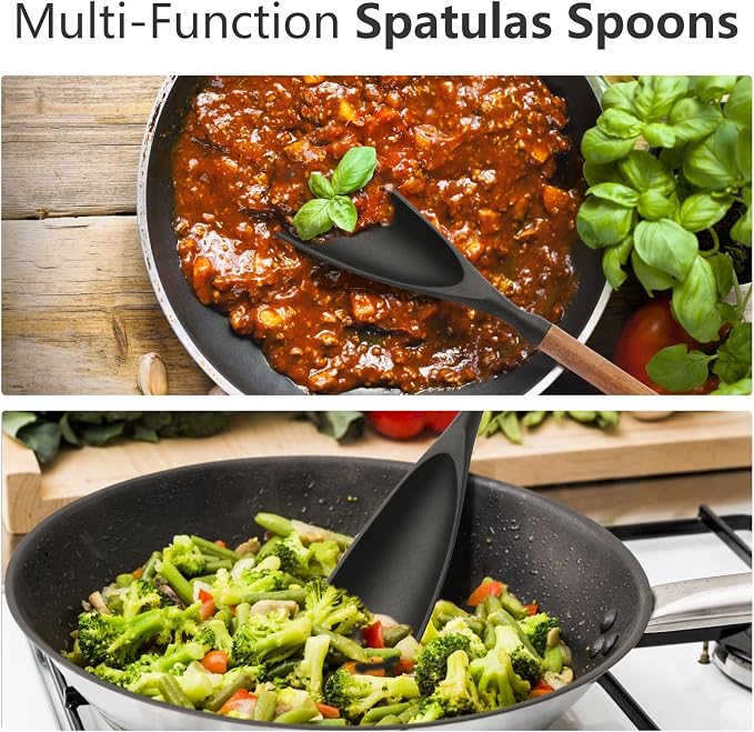 2 Pack Multifunction Silicone Spatula Cooking Spoon for Nonstick Cookware, Wooden Handle Spatula Spoon for Mixing Serving Scraping, Heat Resistant BPA-Free Kitchen Spoon (2)