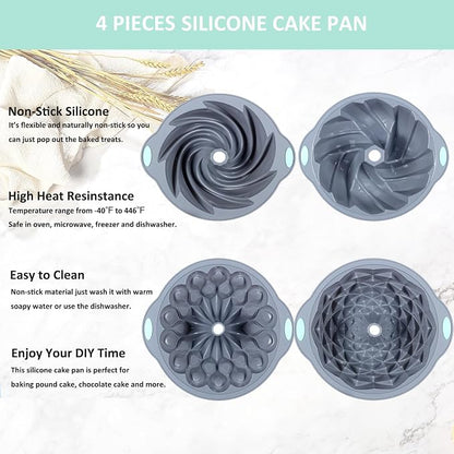 Tongjude 4 Pieces Silicone Fluted Cake Pans, 6/7/8 Cups Tube Baking Pan, Non-Stick Kitchen Oven Baking Pans, Silicone Molds for Homemade Cake, Bread and Jello, Grey