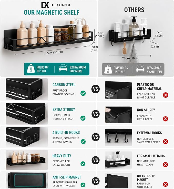 Magnetic Spice Rack for Refrigerator & Oven, 4 Pack XL Heavy Duty Magnetic Shelf for Fridge with Hooks, No Drill Rust Proof Shelves for Washer and Dryer, Sleek fridge magnet organizer
