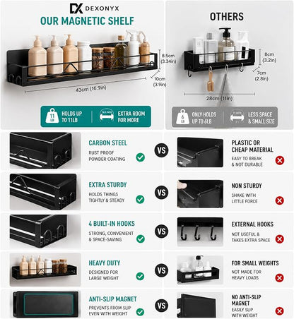 Magnetic Spice Rack for Refrigerator & Oven, 4 Pack XL Heavy Duty Magnetic Shelf for Fridge with Hooks, No Drill Rust Proof Shelves for Washer and Dryer, Sleek fridge magnet organizer