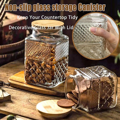 Viovian Decorative Glass Jar with Lid and Spoon 38 OZ Square Thick Glass Storage Jars Airtight Lids Clear Vintage Canister Container for Food Candy Cookie Sugar Coffee Tea Nuts Snack Dog Treat