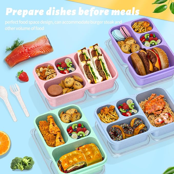 Bento Box 4-Pack 5-Compartment Meal Prep Containers, BPA-Free Plastic, Stackable Food Storage Lunch Boxes for Adults and Kids, School Work Travel (Off White)