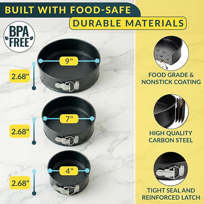 Springform Pan Set of 3 - 4,7,9" Carbon Steel With Removable Bottom – Leakproof Design, Nonstick Coating Cheesecake Pan – Durable Cake Mold With Secure Latch, Even Heat Cheese Cake Pans For Baking