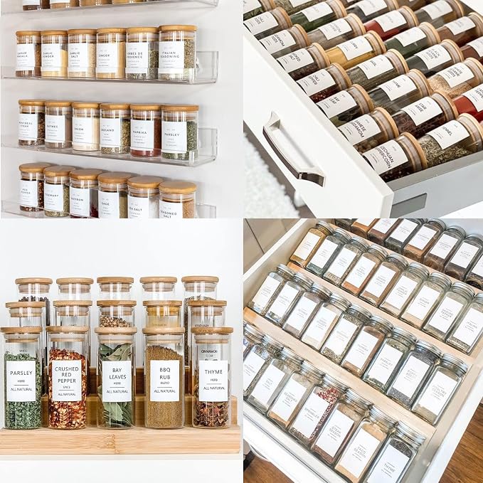 GPOVVIMX 191 Spice Jar Labels Preprinted Minimalist Stickers - White Waterproof Label - Fit Round or Rectangle Spice Jars - Herb Seasoning Kitchen Pantry Labels