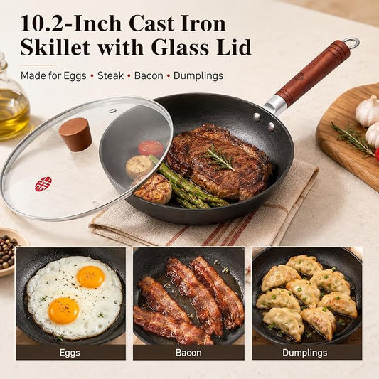 WANGYUANJI 10.2-Inch Cast Iron Skillet with Glass Lid, Uncoated Frying Pan with Flat Bottom for Induction, Gas & Electric Stovetops, Small Egg Pan for Breakfast, Steak & Sautéing