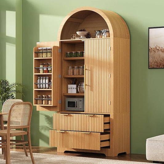72" Tall Arched Kitchen Pantry Cabinet with 2 Drawers, Mid Century Modern Fluted Storage Cabinet with 8 Adjustable Door Shelves, Wooden Cupboard Organizer for Kitchens, Living Room (Natural-6.3)