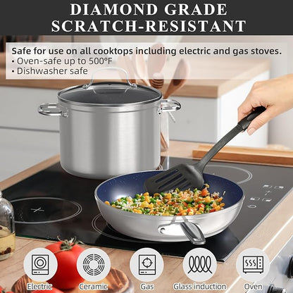 Nuwave Healthy Duralon Blue Ceramic Nonstick Cookware Set, Diamond Infused Scratch-Resistant, PFAS Free, Dishwasher & Oven Safe, Induction Ready & Evenly Heats, Tempered Glass Lids & Stay-Cool Handles