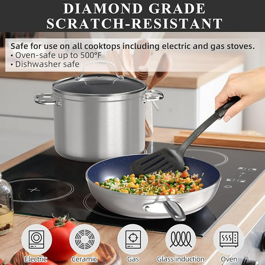 Nuwave Healthy Duralon Blue Ceramic Nonstick Cookware Set, Diamond Infused Scratch-Resistant, PFAS Free, Dishwasher & Oven Safe, Induction Ready & Evenly Heats, Tempered Glass Lids & Stay-Cool Handles