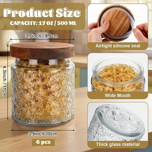 Suclain 6 Pcs 17 OZ Vintage Glass Jar with Acacia Wood Lids Airtight Glass Storage Canisters Kitchen Spice Jars Food Storage Containers for Pantry Coffee Grains Tea Sugar Flour(Stars)