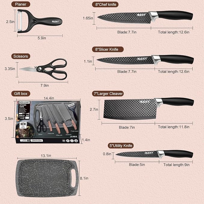 Knife Set, 7 Pieces Kitchen knife Set with Healthy Anti-Rust Coating, Stainless Steel Professional Chef Knife Sets with Elegant Box, Kitchen Knives with Scissors & Peeler & Cutting Board for Cooking