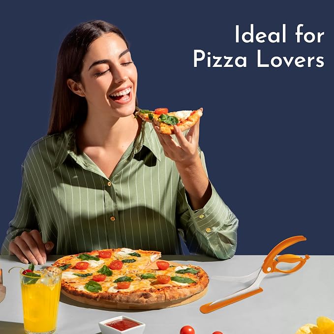 Orange Pizza Scissors - Non-Stick Pizza Scissors with Firm Grip Base - Food Grade Stainless Steel Pizza Cutter - 5-in-1 Food Slicer & Pizza Server - Durable, Safe & Mess Free