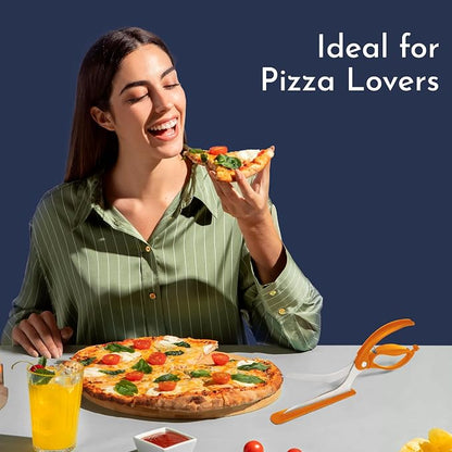 Orange Pizza Scissors - Non-Stick Pizza Scissors with Firm Grip Base - Food Grade Stainless Steel Pizza Cutter - 5-in-1 Food Slicer & Pizza Server - Durable, Safe & Mess Free
