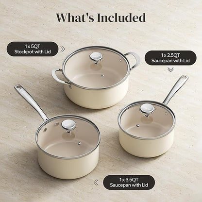 Redchef Stock Pot Set with Lid 5Qt, Ceramic Saucepan Set 2.5/3.5Qt, Induction Cooking Pot Set, Nonstick Cookware Set For Stoves, Even Heat, Stay-Cool Handle, Oven/Dishwasher Safe, PFAS Free (Beige)