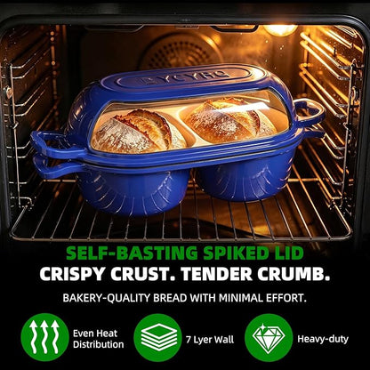 Dutch Oven For Sourdough Bread Baking – Enameled Cast Iron Dutch Oven Pot with Lid, Double Bread Loaf Pan – 500°F Oven Safe Non Stick Bread Pot for Homemade Bread, Meatloaf, Cake, Round Loaf Space, Even Heating–Dark Blue
