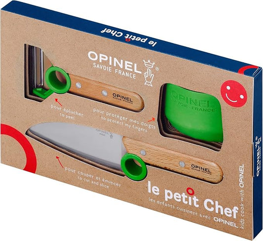 OPINEL Le Petit Chef Complete 3 Piece Kitchen Set, Chef Knife with Rounded Tip, Fingers Guard, Peeler, For Children and Teaching Food Prep and Kitchen Safety, Made in France (GREEN)