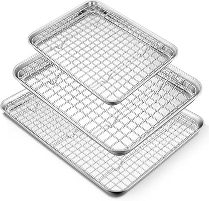 TeamFar 16/12.5/10.5 Inch Baking Sheet with Wire Rack, Stainless Steel Cookie Sheets Baking Pans and Cooling Racks for Cooking, Non-Toxic & Heavy Duty, Dishwasher Safe, 6 PCS (3 Pans + 3 Racks)