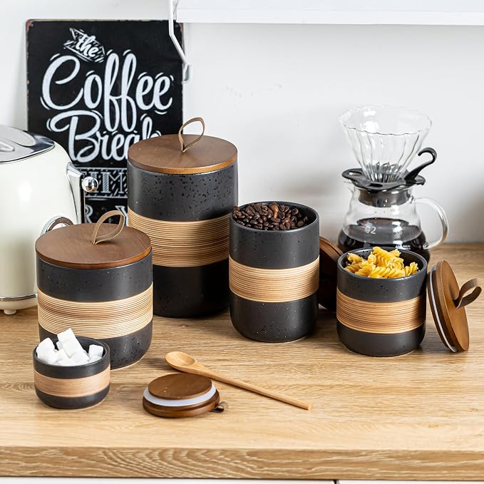 Miamolo Small Ceramic Jar with Lid, Coffee Container Kitchen Food Storage Jars for Spice Sugar Tea Bag Matcha Container Airtight, Stacairtightkable Decorative Jars for Countertop, Black & 5 fl.oz