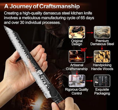 XINZUO Bread Knife For Homemade，Serrated Bread Knife 8.5 Inch Damascus Steel Sharp Slicer Less Crumbs For Bagels, Sourdough, And Soft Produce With Wood Handle