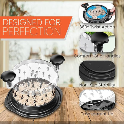 Chicken Shredder Tool Twist Large - 10" Meat Shredder for Chicken Breast, Pork, Beef & Pulled Pork, Visible Meat Grinder Machine with Brush & Fork, Anti-Slip Base, Ergonomic Handle, BPA Free