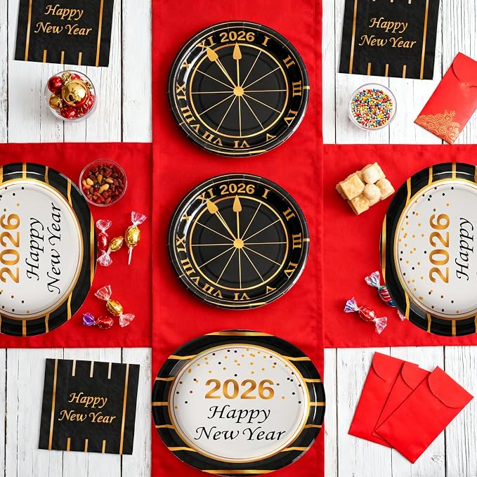 Dereinwo 100 PCS New Year Paper Plates and Napkins | Bundle Includes Paper Oval Dinner Plates Dessert Plates and Napkins for New Year Party Supplies
