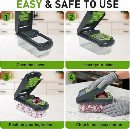 Mandoline Slicer for Kitchen, Vegetable Chopper with Adjustable Stainless Steel Blades, Fruit Slicer & Food Cutter for Potato, Onion, Cucumber, Carrot and Meal Prep, Easy to Clean