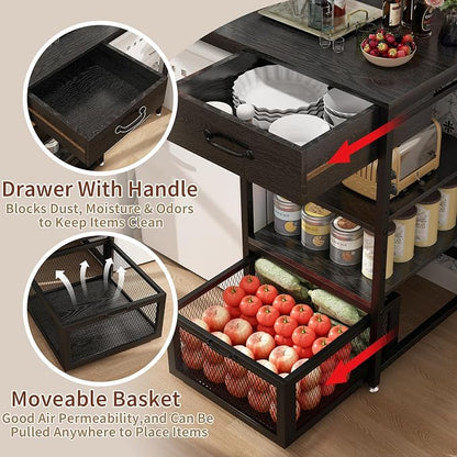 METYERRY Kitchen Bakers Rack with Power Outlet, Microwave Stand with Drawer, Mini Fridge Stand with Adjustable Shelves,Mini Fridge Cabinet Suitable for Dining Room, Dorm,Home, Black