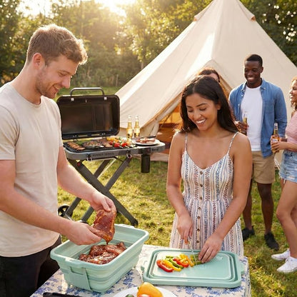 Feasto Collapsible BBQ Prep Tubs with Cutting Board, 9-IN-1, 2 Tubs Portable Grill Prep Station with Side Brackets, Lids, Knives, Meat Claws and Drain Rack, Space-Saving for Kitchen & Camping, Green