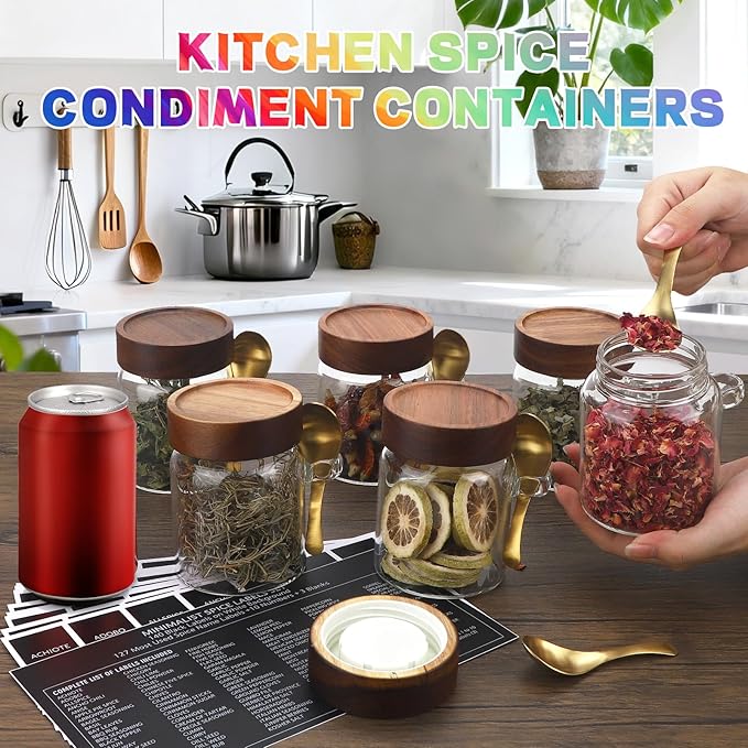 10 oz Glass Jars Set of 2, Spice Jar Round Storage Canister with Airtight Wooden Lid Clear Glass Food Jar for Pantry Sugar Tea Coffee Bean Spice Cookies Bath Salts (10oz/300ml-2 pack-with spoon)