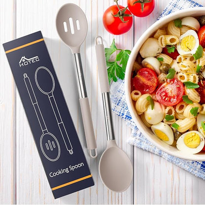 HOTEC Heat Resistant Large Silicone Cooking Spoon, Solid Slotted Spoons, Nonstick Kitchen Cookware Utensils, Mixing, Serving, Stiring Large Spoons, Khaki