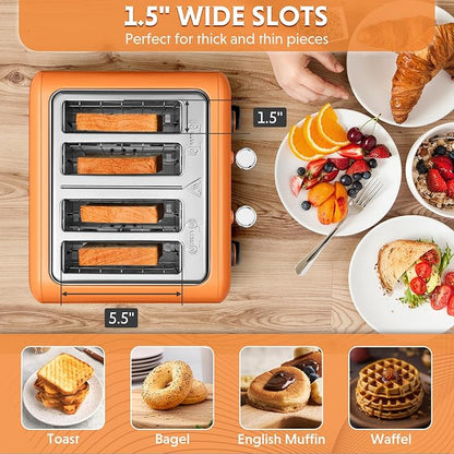 BUYDEEM DT640 4-Slice Toaster, 7 Shade Settings, Extra Wide 1.5’’ Slots for Bagel & English Muffin, 6 Toasting Functions, Retro Stainless Steel Toaster with High Lift Lever, 1800W, Orange