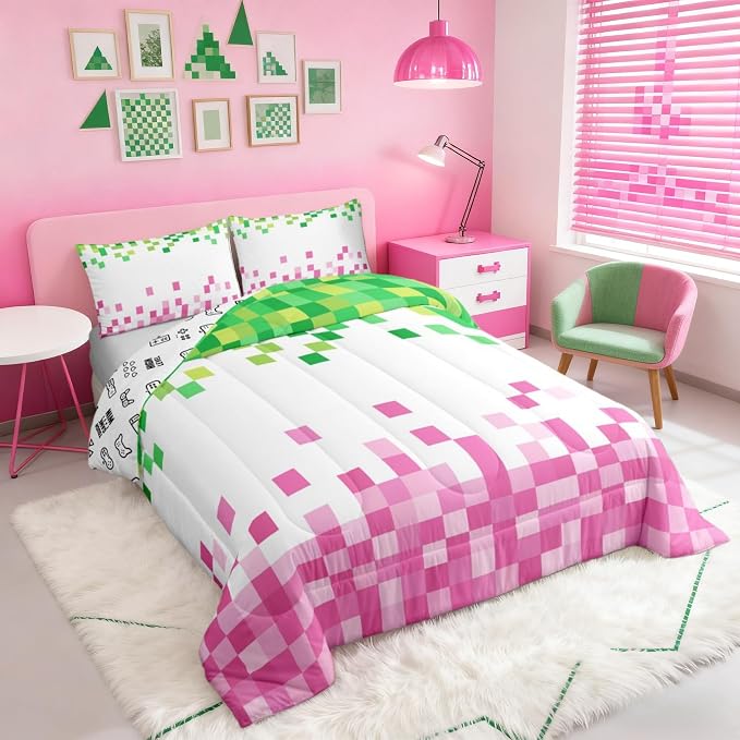 Manfei Pixelated Style Full Size Comforter Set,Geometric Camouflage Grid Bedding Comforters Bedroom Collection,Video Games Duvet Insert,Pink Green Room Decor 3 Pcs Bedding Set for Girls Teens