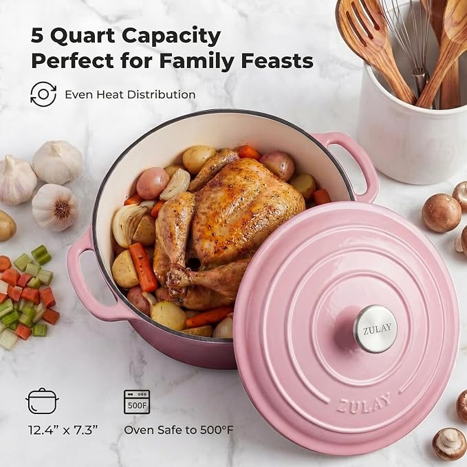 Zulay Kitchen 5 Quart Enameled Cast Iron Dutch Oven Pot with Lid – Premium Durability & Oven Safe up to 500°F – Heavy Duty Cookware Perfect for Bread Baking, Stews, Braising & Roasting – Pink