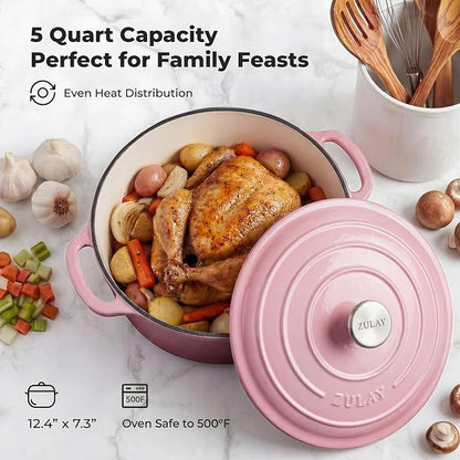 Zulay Kitchen 5 Quart Enameled Cast Iron Dutch Oven Pot with Lid – Premium Durability & Oven Safe up to 500°F – Heavy Duty Cookware Perfect for Bread Baking, Stews, Braising & Roasting – Pink