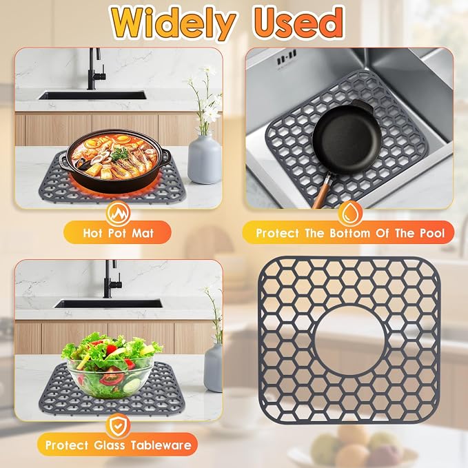2PCS Silicone Sink Protectors for Kitchen Sink, 12.4" × 11.5" Silicone Sink Mat with 2 Filter Screen, Center Drain Hole, Heat Resistant Non-Slip, Dishwasher Suitable(Dark Gray)