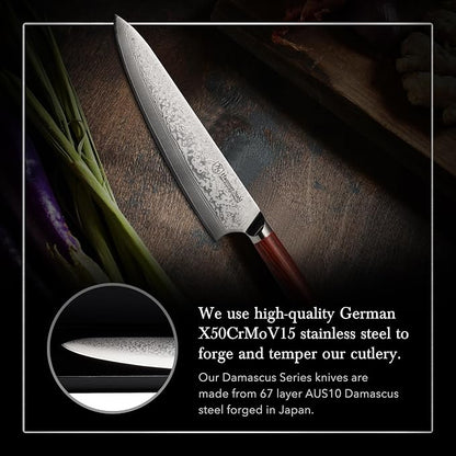 Hammer Stahl 9 Inch Damascus Chef Knife | Professional Kitchen Knife with Rosewood Handle | Damascus Cooking Knife Japanese Forged 67-Layer AUS10 Steel | Full-Tang Japanese Style Chef Knife with Gift