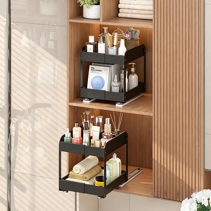 Across-Star Expandable Pull Out Spice Rack For Cabinet, 2-Tier No Drill Slide Out Drawers For Kitchen Cabinet with Adjustable Height, Metal Pullout Spice Holder Seasoning Shelf Inside Cabinet