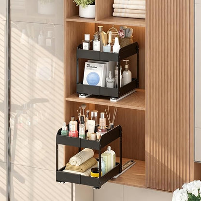 Across-Star Expandable Pull Out Spice Rack For Cabinet, 2-Tier No Drill Slide Out Drawers For Kitchen Cabinet with Adjustable Height, Metal Pullout Spice Holder Seasoning Shelf Inside Cabinet