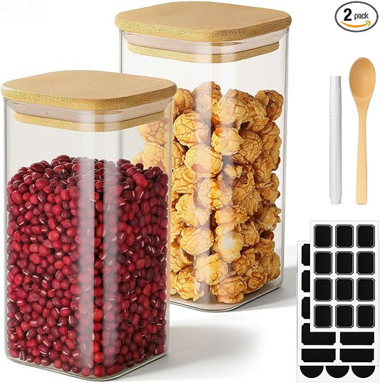Glass Food Storage Jars, 23 Fl.oz Glass Canisters with Airtight Bamboo Lids Set of 2, Square Sugar Jars Kitchen Containers for Coffee, Tea, Flour, Candy - Included Labels, Marker and Spoon