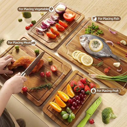 Acacia Wood Cutting Boards Set for Kitchen, 4-Piece Chopping Board Set with Food Icon (Meat, Fish, Vegetables, Fruits) Wooden Butcher Block with Stands & Juice Groove (S,M,L,XL)