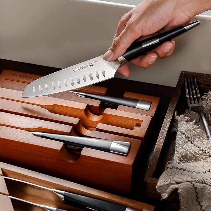 Linoroso Santoku Knife - Ultra Sharp German High-Carbon Stainless Steel, 6 inch - Mako Series with Exquisite In-Drawer Knife Block