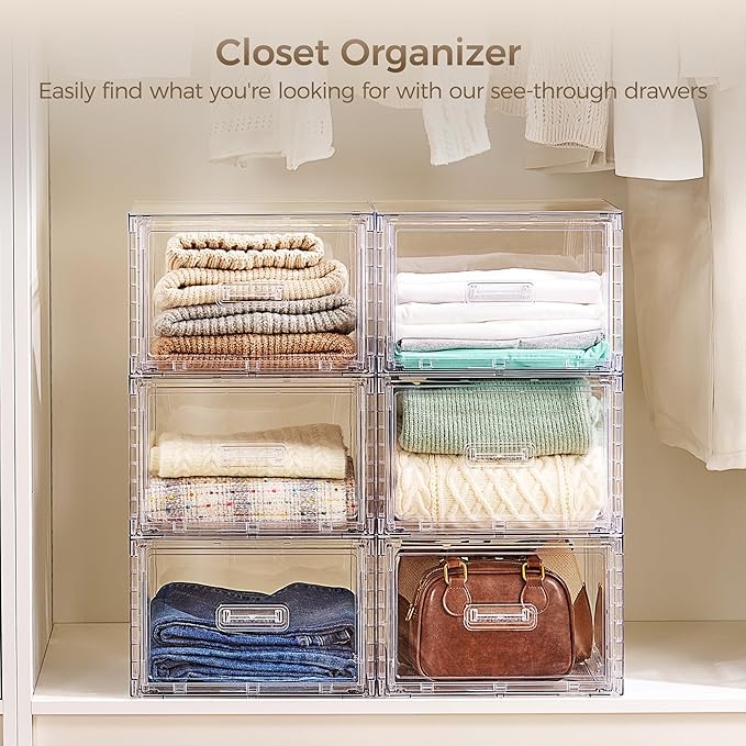 Vtopmart 2 Pack Clear Stackable Storage Drawers 15QT, Easily Assemble Closet Organizers,Plastic Storage Bins for Bathroom,Cabinet,Kitchen Pantry,Under Sink Organization(Medium)