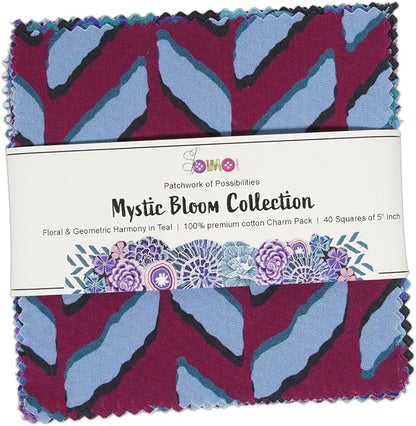 Soimoi 40 Pcs Cotton Fabric Squares Bundles Charm Packs for Quilting, Fat Quarter Layer Cakes, Precuts Quilt Squares 5 x 5 inches, DIY Fabric Bundle- Mystic Bloom Collection