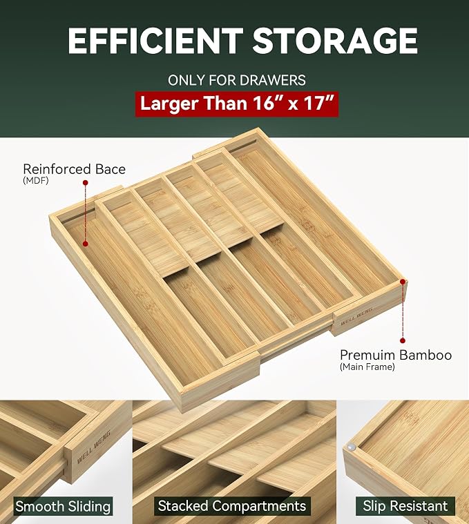 Expandable Silverware Drawer Organizer for Utensil,Bamboo 10 Slot | 10.6”-16" Wx16.7”Dx1.97”H, Vertical Storage, Kitchen Cutlery Tray Dividers for Spoons Forks Knives
