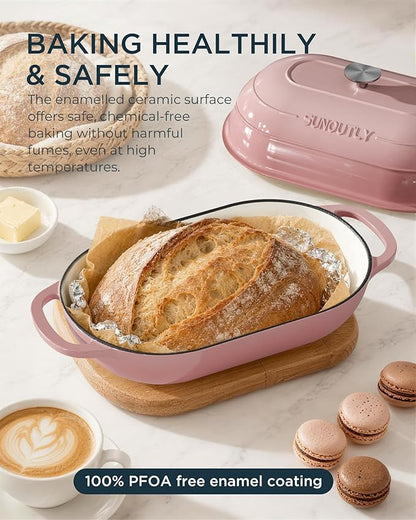 Enameled Cast Iron Bread Oven, 5QT Cast Iron Dutch Oven for Homemade Sourdough Bread Baking, Oval Bread Pot with Dome Lid & Cotton Potholders, Gentle Pink