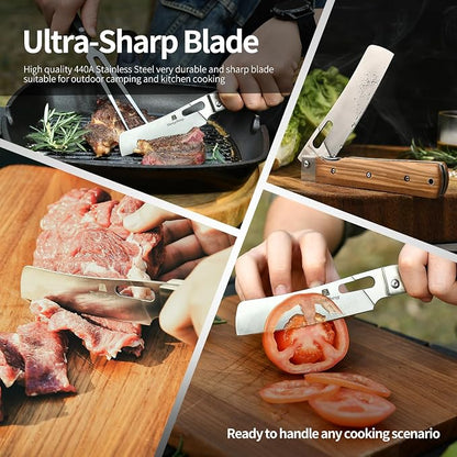 ZhengSheng Folding Chef Knife with Leather Pouch 4.8” Sharp 440A Stainless Steel Blade Olive Handle Pocket Foldable Japanese Style Kitchen Knife for Outdoor Camping BBQ trip Cooking.