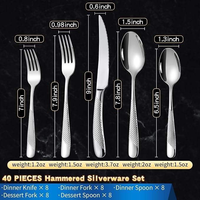 Lemeya 40-Piece Hammered Silverware Set for 8,18/10 Stainless Steel Flatware Set with Serrated Forged Knives,Heavy Duty Cutlery Set for Home & Party Restaurant,Mirror Polished, Dishwasher Safe